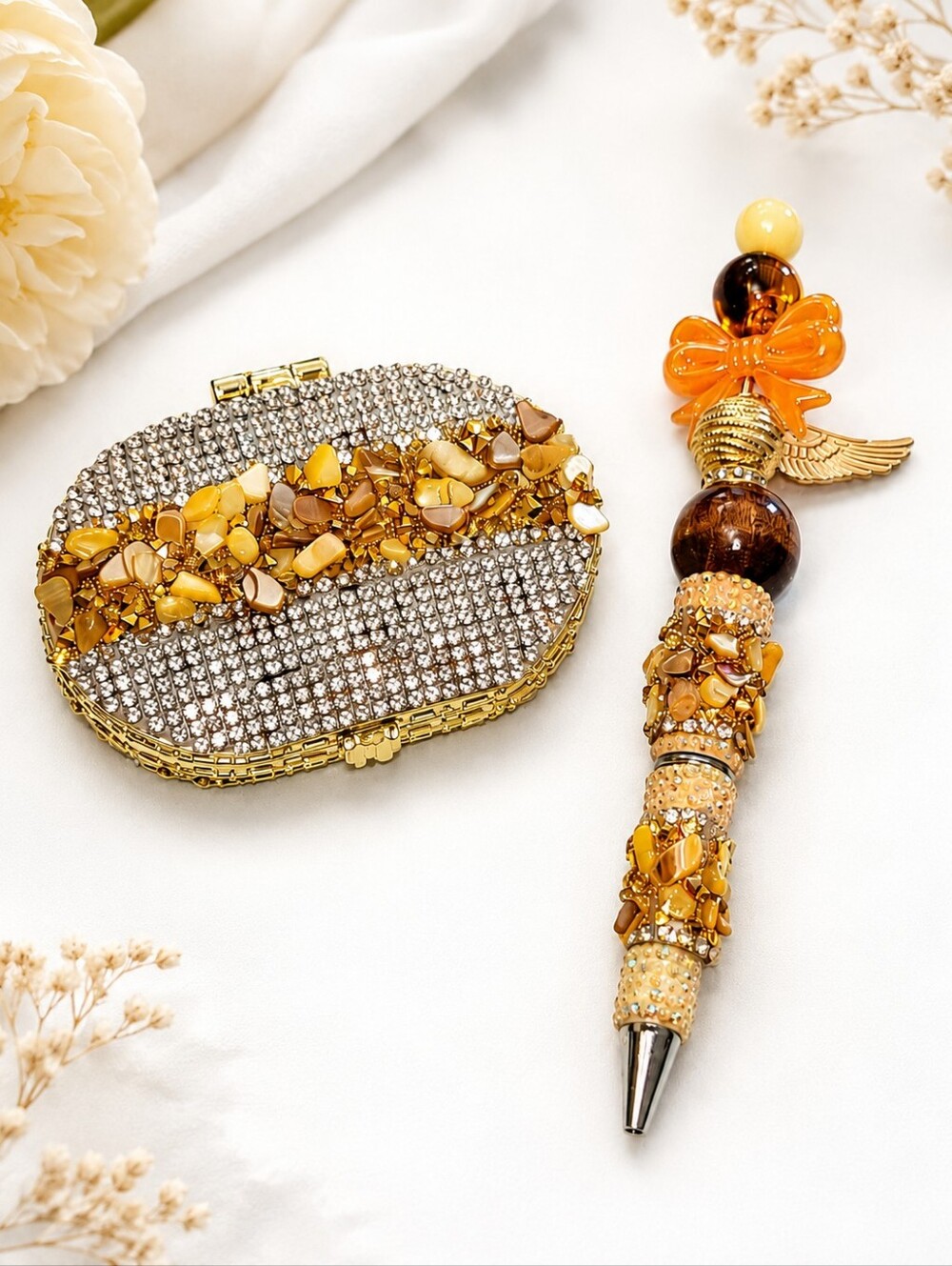 Handcrafted Beaded Pen & Rhinestone Compact Mirror Gift Set Gold Amber Sparkle